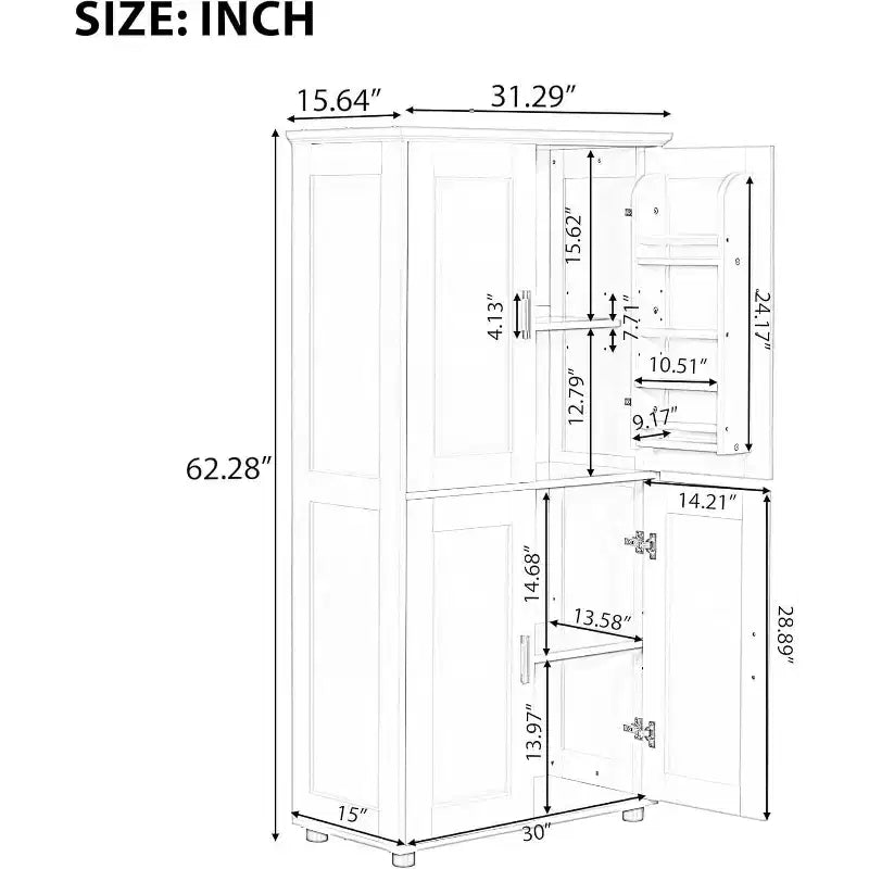 Meuble de rangement de salle de bain haut et large, autoportant avec 4 portes, étagères réglables, meuble de rangement de salle de bain blanc