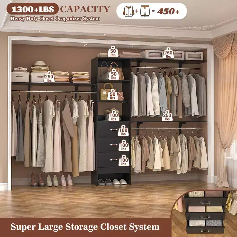 Système de rangement de placard 120 cm avec tiroirs en bois, armoire DIY avec tringles de penderie et étagères de rangement