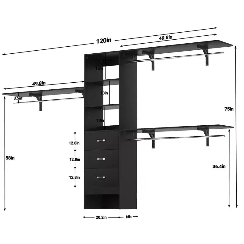 Système de rangement de placard 120 cm avec tiroirs en bois, armoire DIY avec tringles de penderie et étagères de rangement