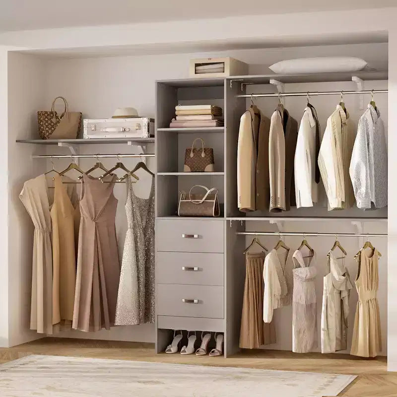 Système de rangement de placard 120 cm avec tiroirs en bois, armoire DIY avec tringles de penderie et étagères de rangement