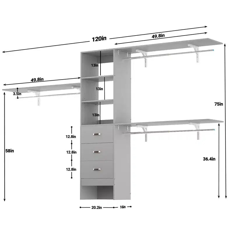 Système de rangement de placard 120 cm avec tiroirs en bois, armoire DIY avec tringles de penderie et étagères de rangement