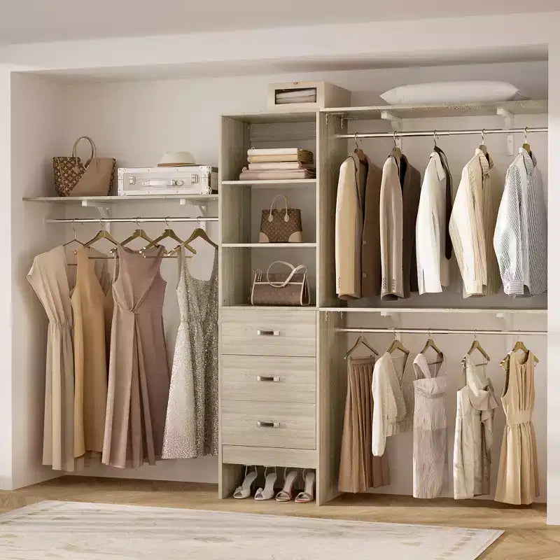 Système de rangement de placard 120 cm avec tiroirs en bois, armoire DIY avec tringles de penderie et étagères de rangement
