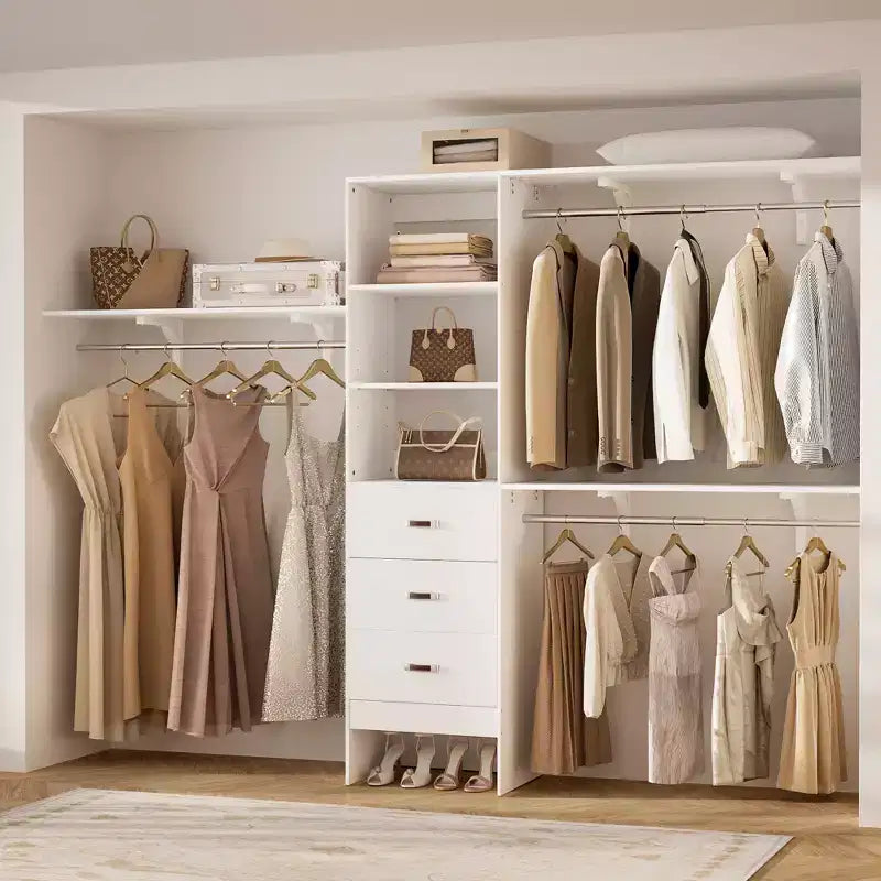 Système de rangement de placard 120 cm avec tiroirs en bois, armoire DIY avec tringles de penderie et étagères de rangement