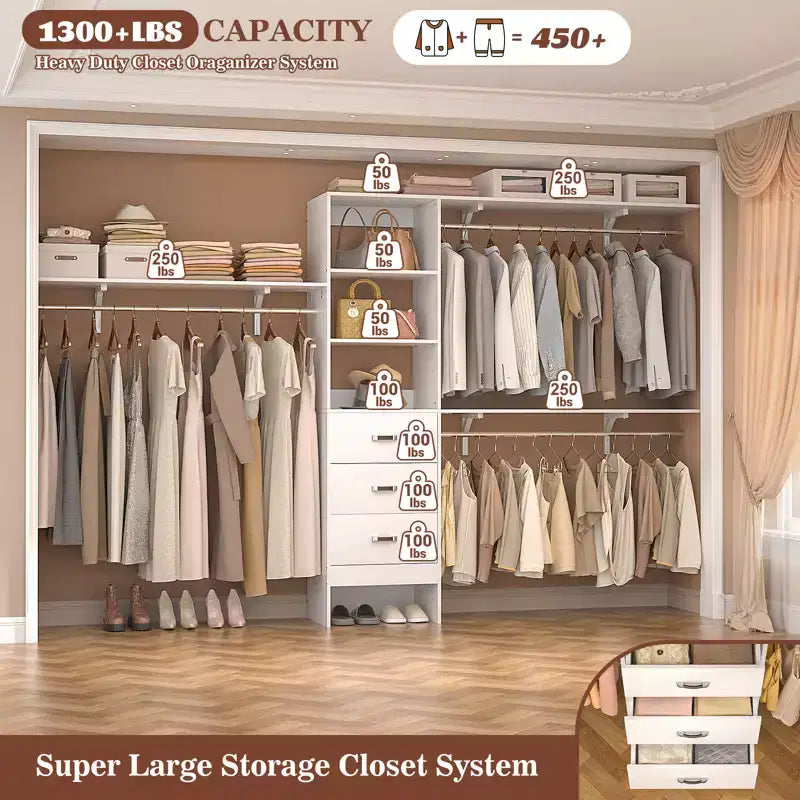 Système de rangement de placard 120 cm avec tiroirs en bois, armoire DIY avec tringles de penderie et étagères de rangement