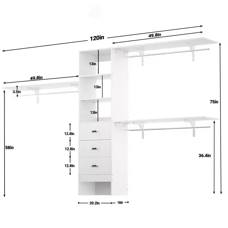 Système de rangement de placard 120 cm avec tiroirs en bois, armoire DIY avec tringles de penderie et étagères de rangement