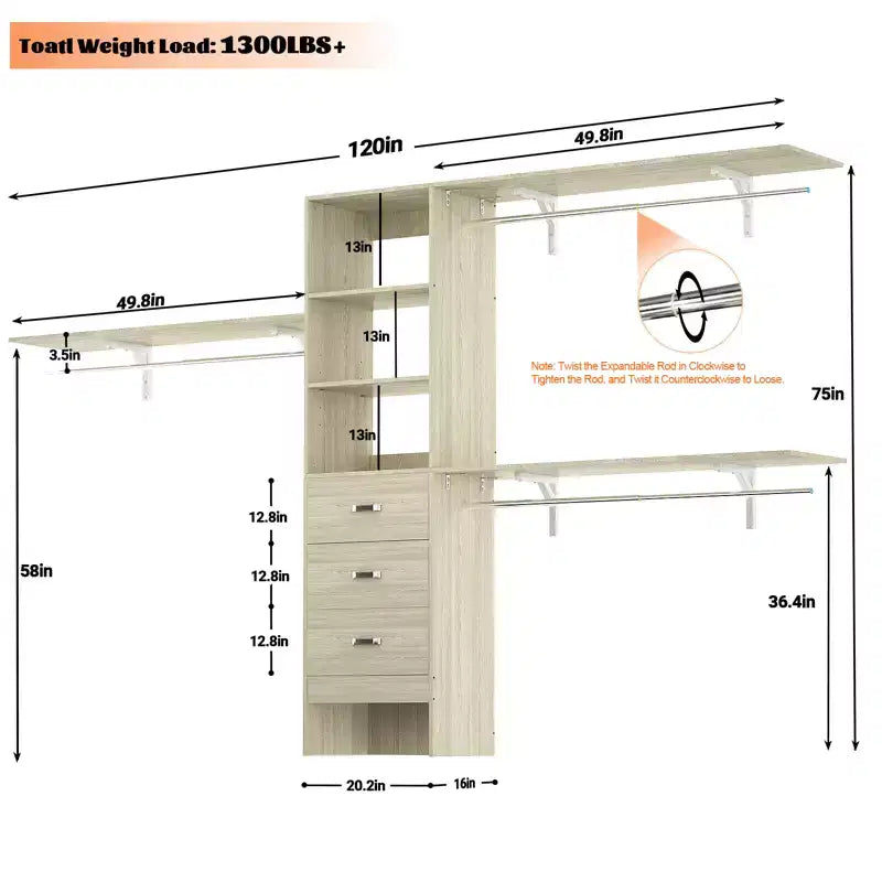 Système de rangement de placard 120 cm avec tiroirs en bois, armoire DIY avec tringles de penderie et étagères de rangement