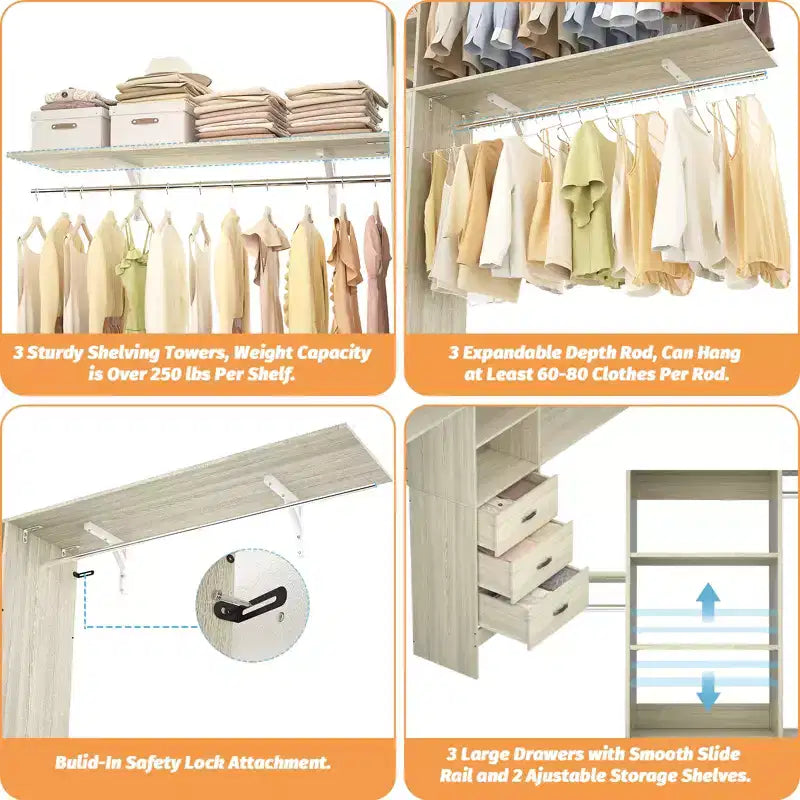 Système de rangement de placard 120 cm avec tiroirs en bois, armoire DIY avec tringles de penderie et étagères de rangement