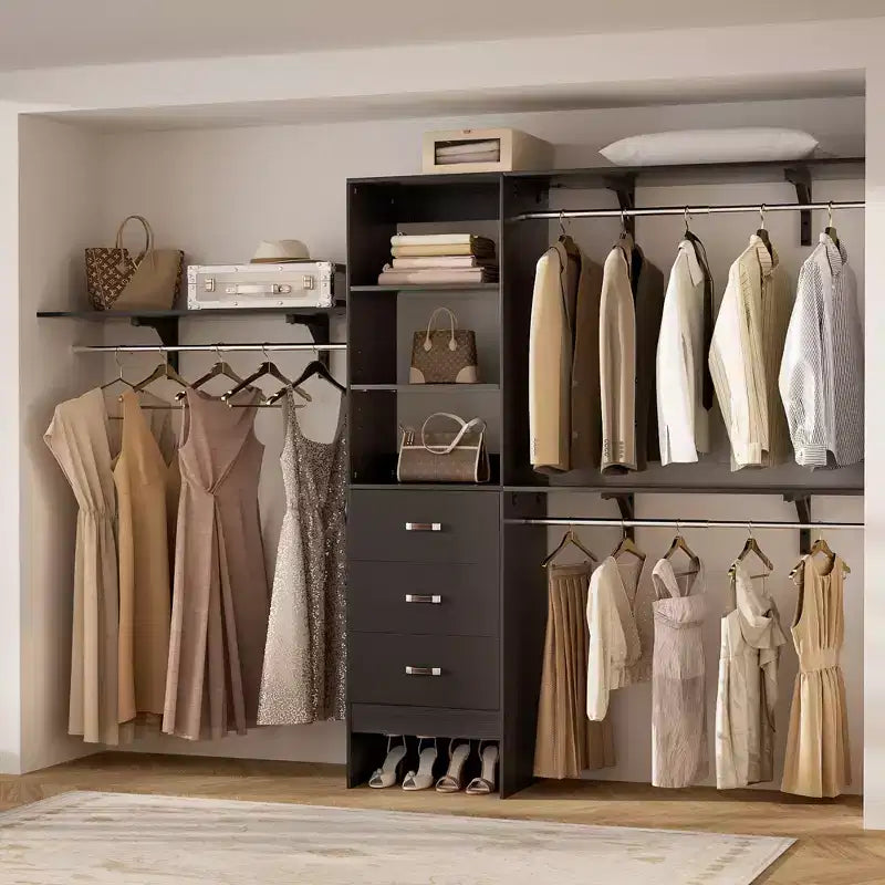 Système de rangement de placard 120 cm avec tiroirs en bois, armoire DIY avec tringles de penderie et étagères de rangement