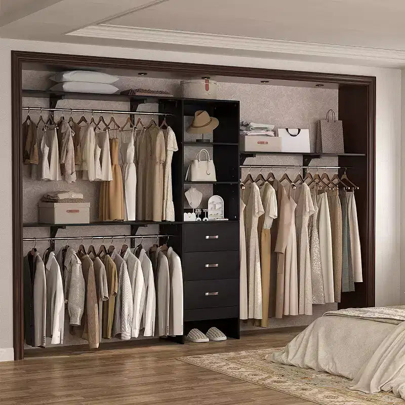 Système de rangement de placard 120 cm avec tiroirs en bois, armoire DIY avec tringles de penderie et étagères de rangement