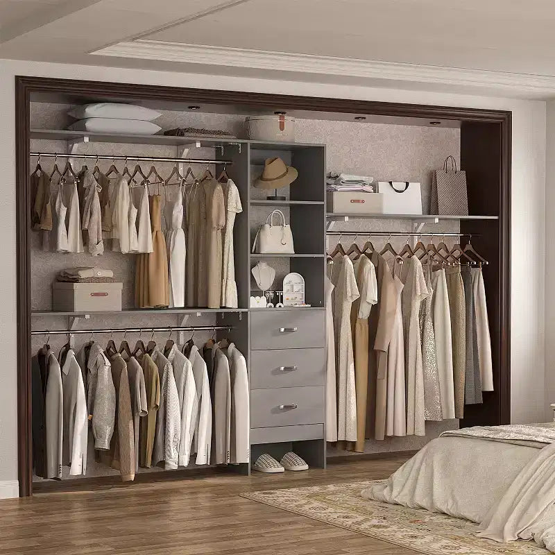 Système de rangement de placard 120 cm avec tiroirs en bois, armoire DIY avec tringles de penderie et étagères de rangement