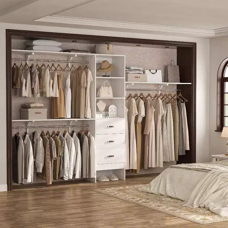 Système de rangement de placard 120 cm avec tiroirs en bois, armoire DIY avec tringles de penderie et étagères de rangement