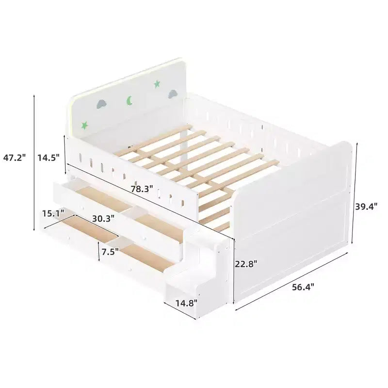 Cadre de lit double en bois massif avec éclairage LED et 4 tiroirs de rangement