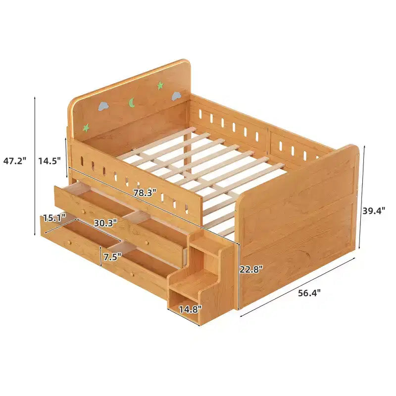 Cadre de lit double en bois massif avec éclairage LED et 4 tiroirs de rangement