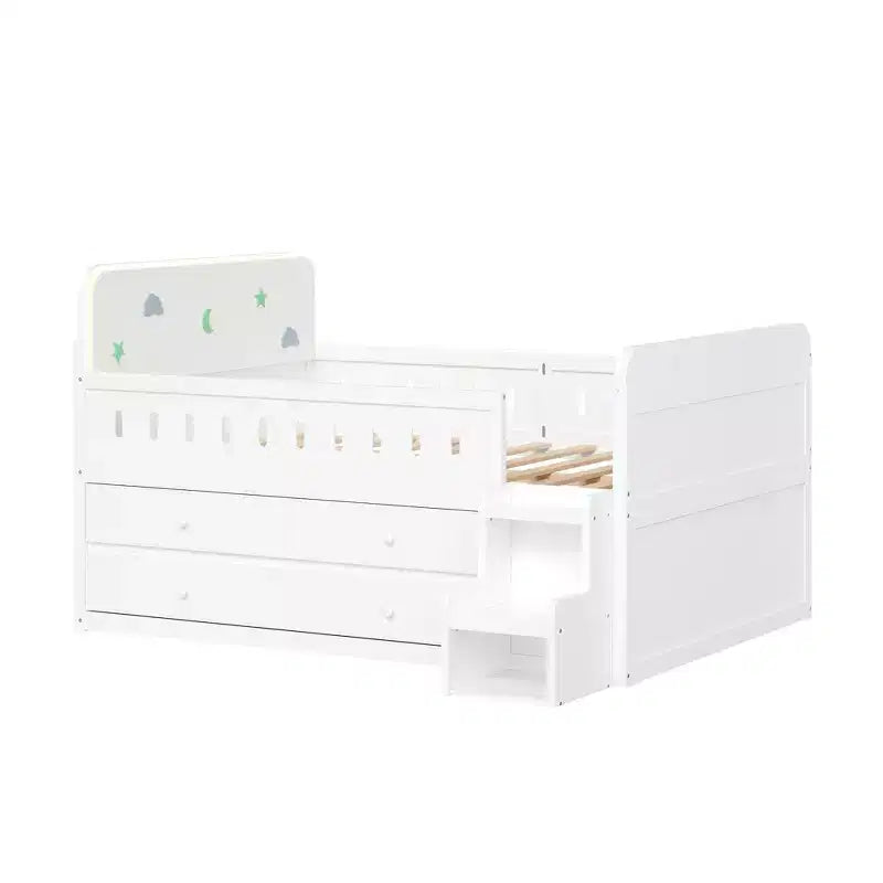 Cadre de lit double en bois massif avec éclairage LED et 4 tiroirs de rangement
