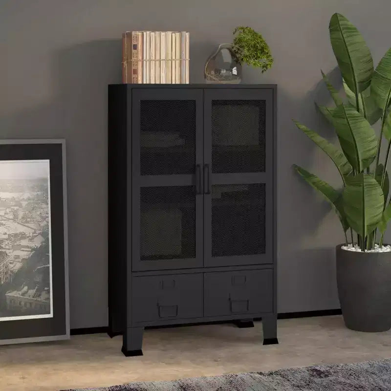 Armoire de rangement industrielle en métal avec portes grillagées et 2 tiroirs bas
