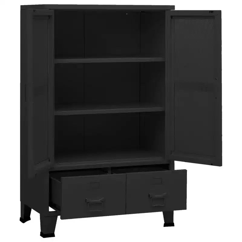Armoire de rangement industrielle en métal avec portes grillagées et 2 tiroirs bas