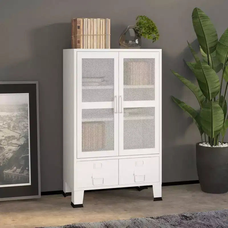 Armoire de rangement industrielle en métal avec portes grillagées et 2 tiroirs bas