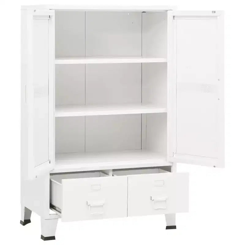 Armoire de rangement industrielle en métal avec portes grillagées et 2 tiroirs bas