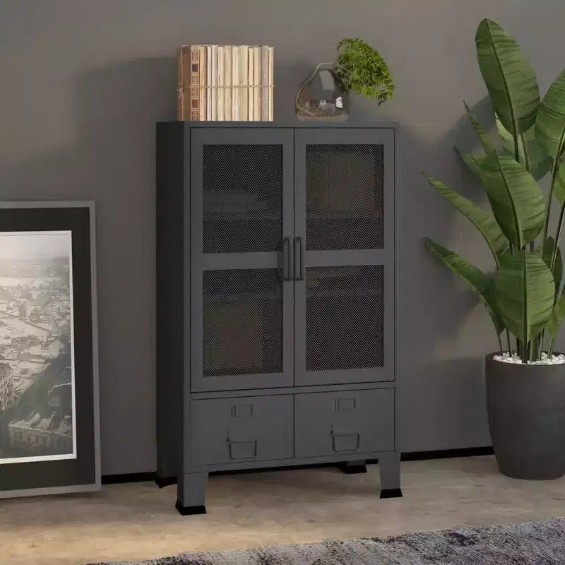 Armoire de rangement industrielle en métal avec portes grillagées et 2 tiroirs bas