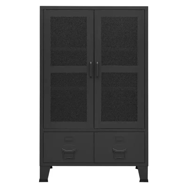 Armoire de rangement industrielle en métal avec portes grillagées et 2 tiroirs bas