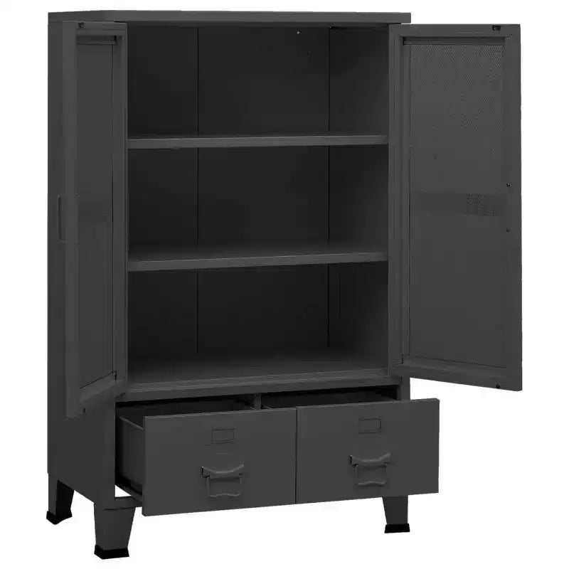 Armoire de rangement industrielle en métal avec portes grillagées et 2 tiroirs bas