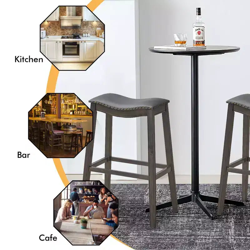 Lot de 4 tabourets de bar à siège en forme de selle avec pieds en hévéa et assise en cuir PVC - 74 cm