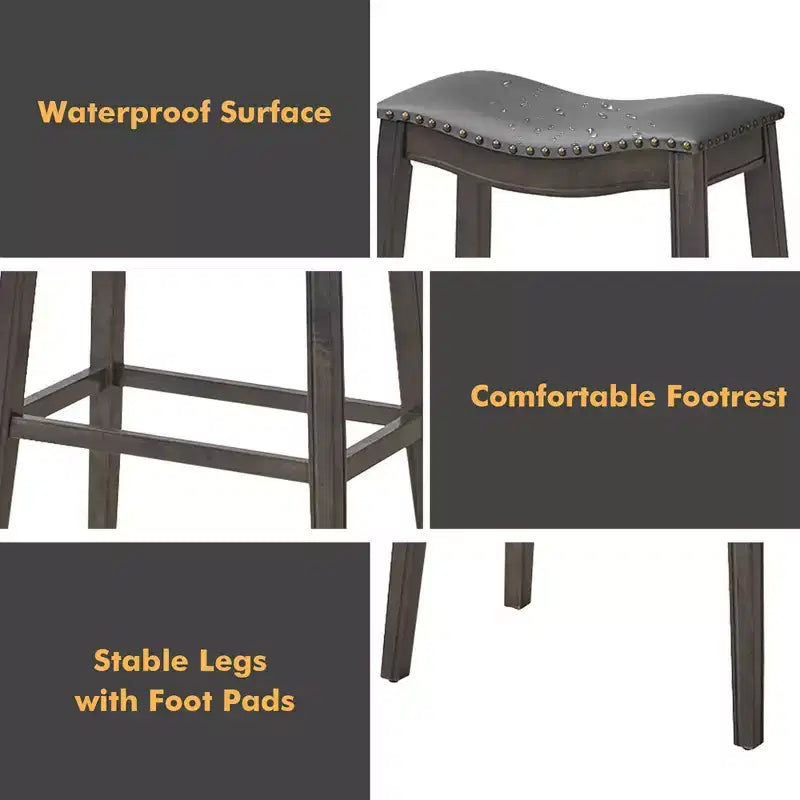 Lot de 4 tabourets de bar à siège en forme de selle avec pieds en hévéa et assise en cuir PVC - 74 cm