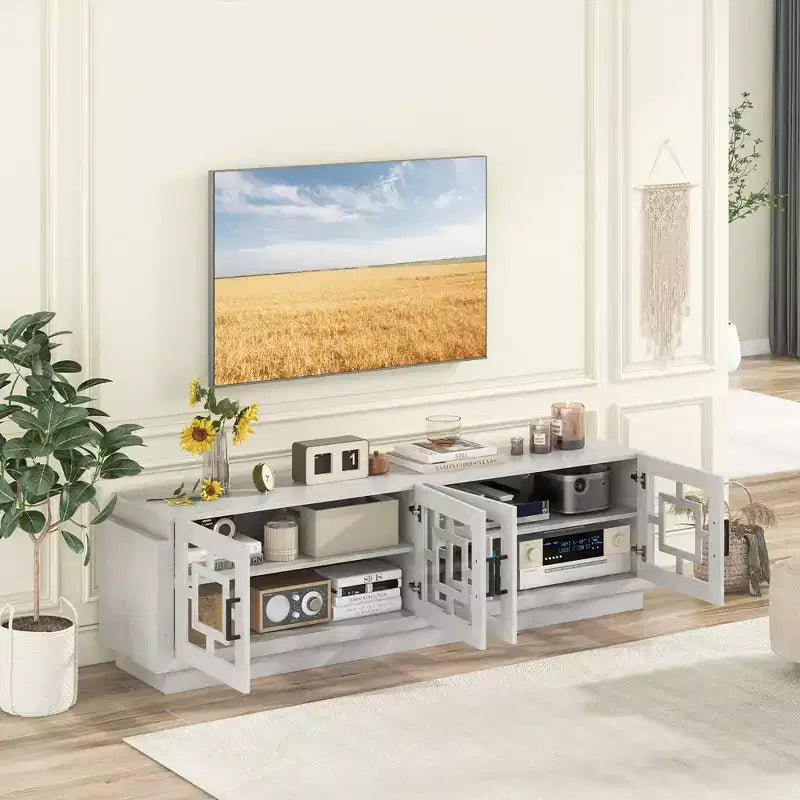 Meuble TV de ferme pour téléviseurs jusqu'à 75" - 4 portes vitrées, chêne et blanc