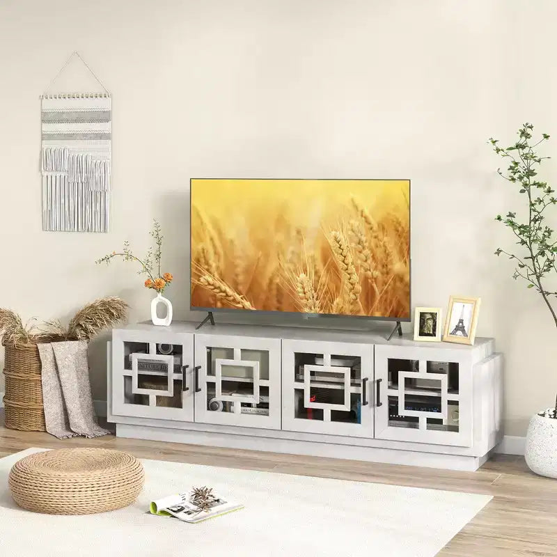 Meuble TV de ferme pour téléviseurs jusqu'à 75" - 4 portes vitrées, chêne et blanc