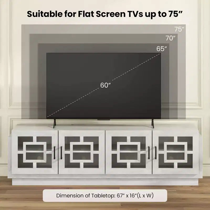Meuble TV de ferme pour téléviseurs jusqu'à 75" - 4 portes vitrées, chêne et blanc
