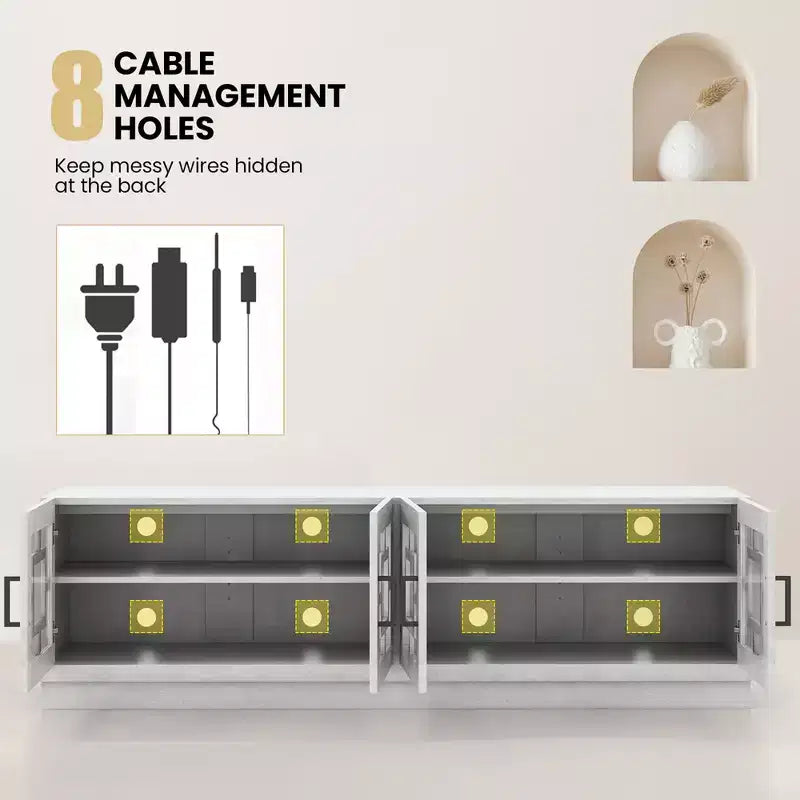 Meuble TV de ferme pour téléviseurs jusqu'à 75" - 4 portes vitrées, chêne et blanc