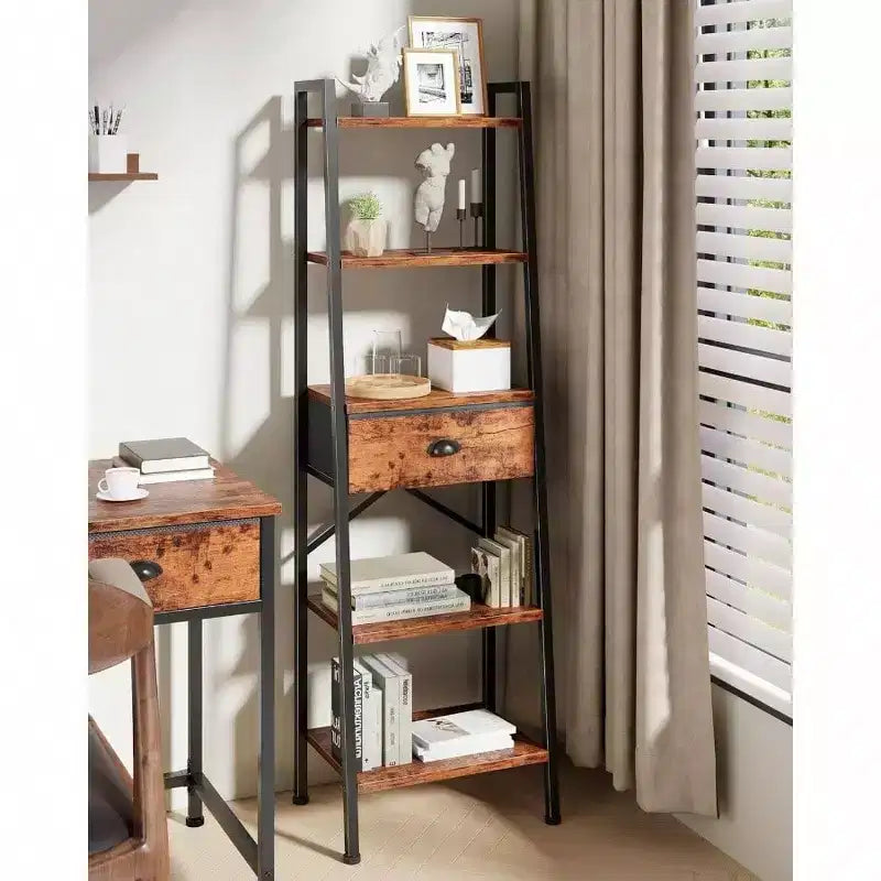 Étagère échelle à 5 niveaux, Bibliothèque étroite et haute avec tiroir, Étagères de présentation ouvertes de style industriel, Meuble de salle de bain marron rustique