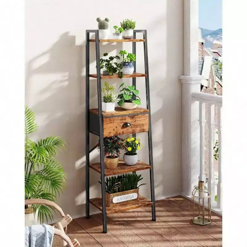 Étagère échelle à 5 niveaux, Bibliothèque étroite et haute avec tiroir, Étagères de présentation ouvertes de style industriel, Meuble de salle de bain marron rustique