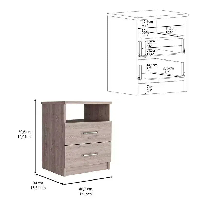 Table de chevet gris aspect bois à deux tiroirs de 50 cm