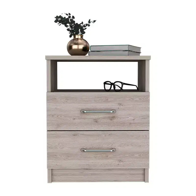 Table de chevet gris aspect bois à deux tiroirs de 50 cm