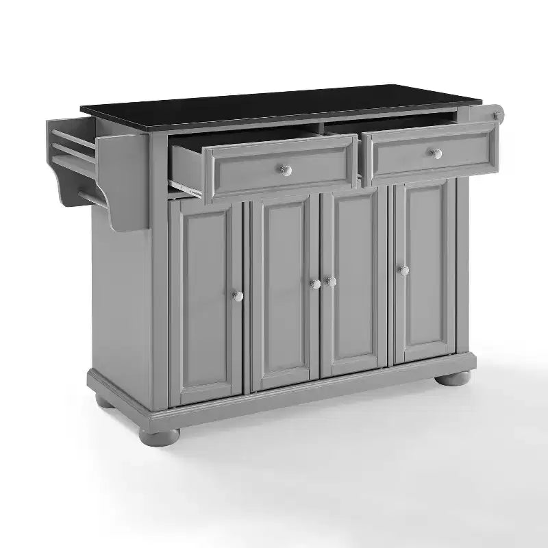 Îlot de cuisine avec plateau en granit, 4 portes, 2 tiroirs et roulettes - Gris et noir vintage