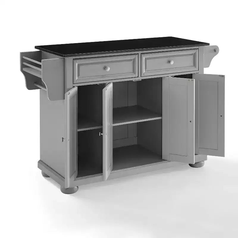 Îlot de cuisine avec plateau en granit, 4 portes, 2 tiroirs et roulettes - Gris et noir vintage