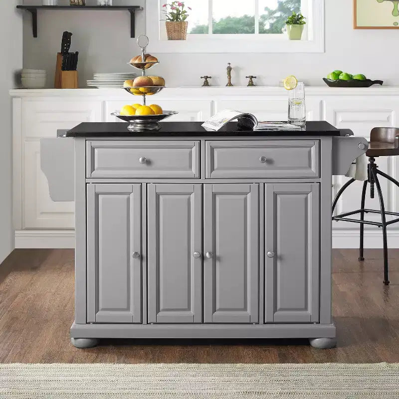 Îlot de cuisine avec plateau en granit, 4 portes, 2 tiroirs et roulettes - Gris et noir vintage