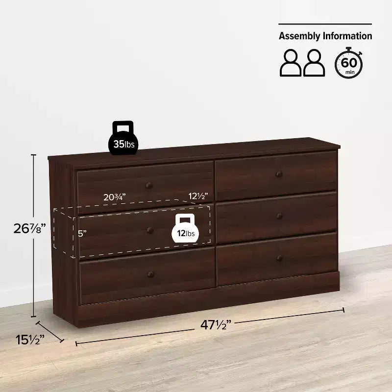 Commode double à 6 tiroirs - Grande commode de chambre, Espresso