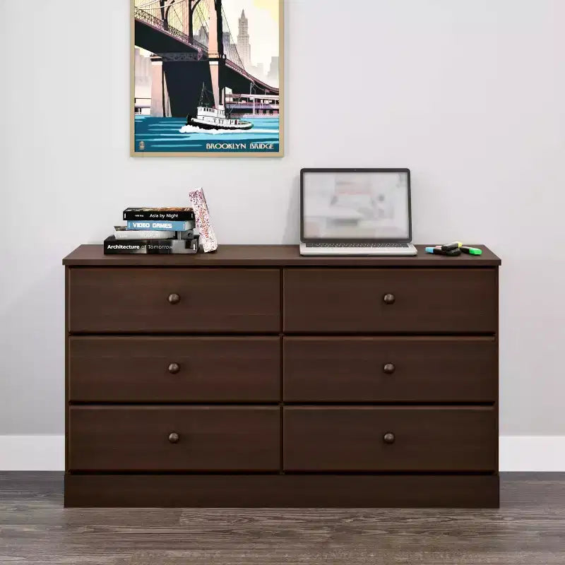 Commode double à 6 tiroirs - Grande commode de chambre, Espresso