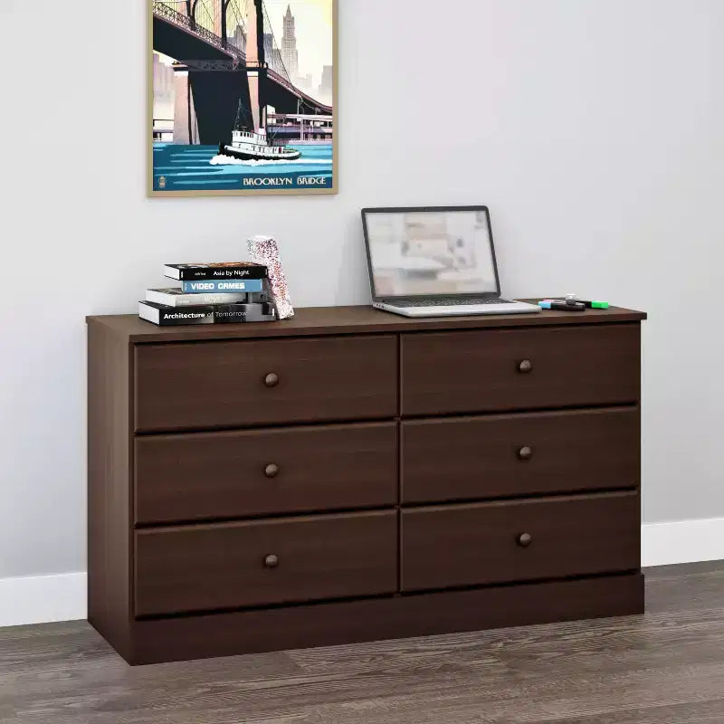 Commode double à 6 tiroirs - Grande commode de chambre, Espresso