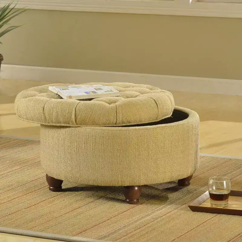 Tweed Tufted Storage Ottoman Tan/Cream - HomePop: Button Tufted, Wood Legs, Lift-Off Lid
