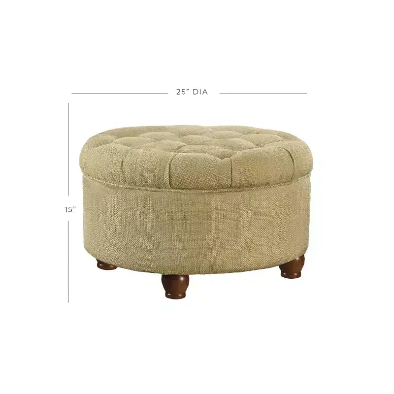 Ottoman de rangement touffeté en tweed crème et taupe avec pieds en bois et couvercle amovible