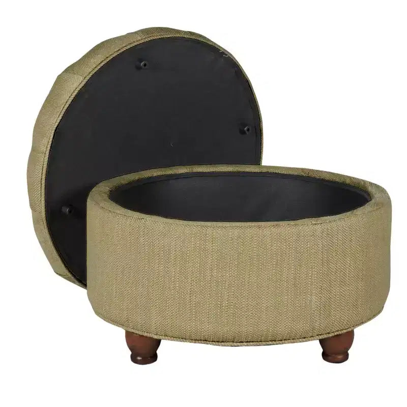 Ottoman de rangement touffeté en tweed crème et taupe avec pieds en bois et couvercle amovible