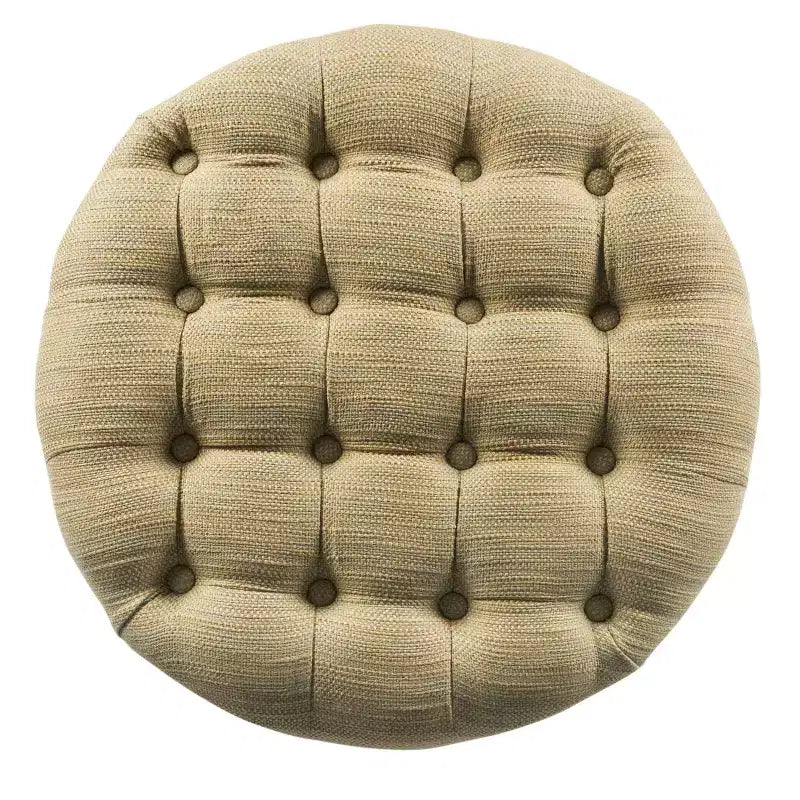 Ottoman de rangement touffeté en tweed crème et taupe avec pieds en bois et couvercle amovible