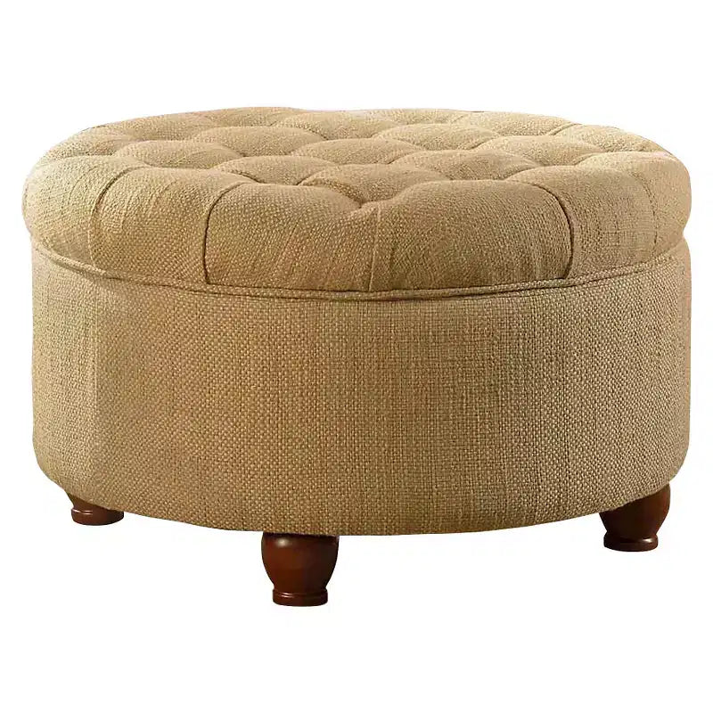 Ottoman de rangement touffeté en tweed crème et taupe avec pieds en bois et couvercle amovible