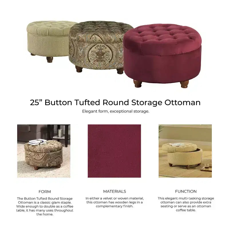 Ottoman de rangement touffeté en tweed crème et taupe avec pieds en bois et couvercle amovible