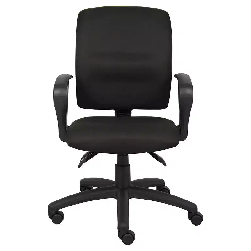 Chaise de bureau en tissu noir avec accoudoirs boucles et base pivotante réglable en nylon