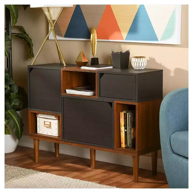 Bahut de rangement en bois Mid-Century Modern - Chêne et Espresso