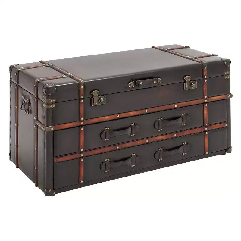 Table basse coffre marron en similicuir avec 2 tiroirs